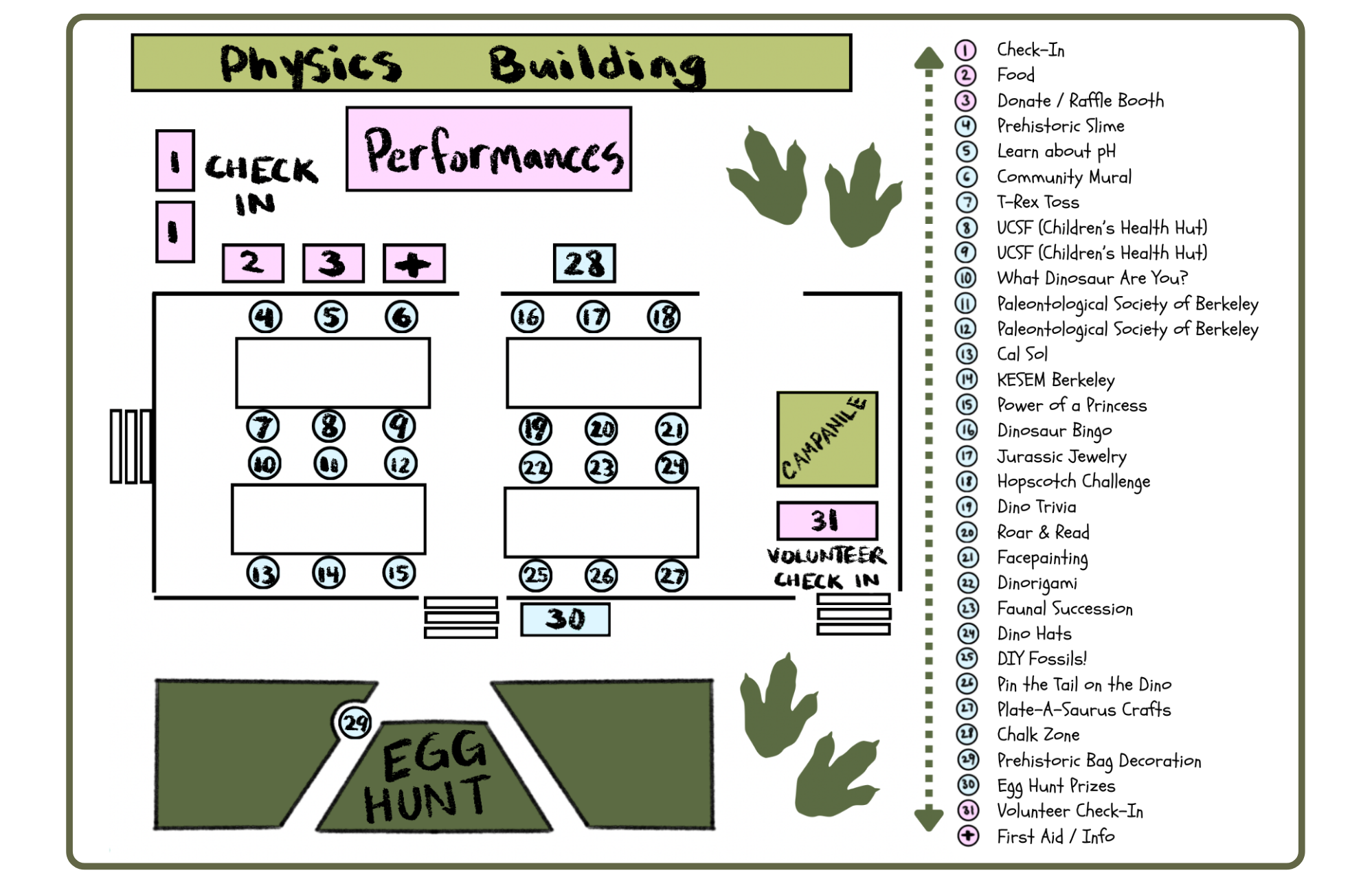 Eggster 2026 event map showing booth layout and activity areas around Campanile Esplanade